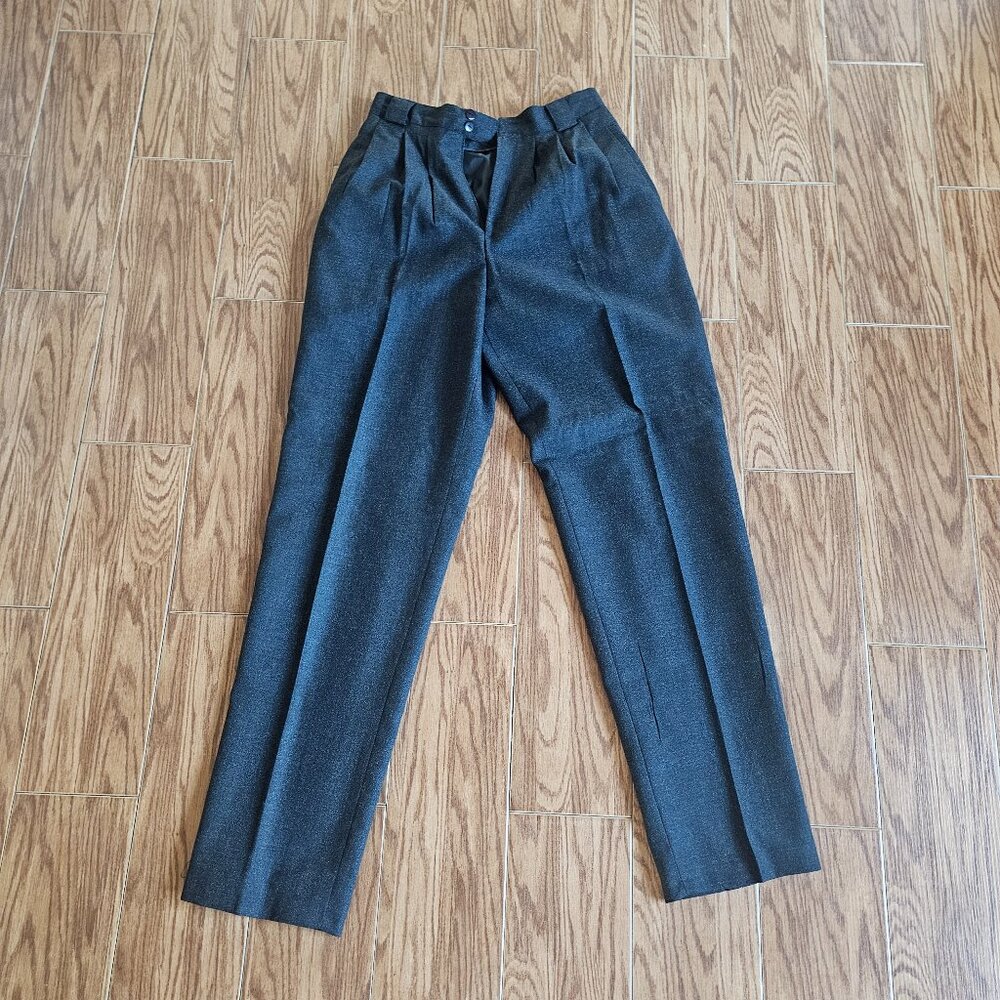 Herman Geist Dark Grey Wool Pleated Trousers | Size 8L | Classic Wide-Leg Pants
